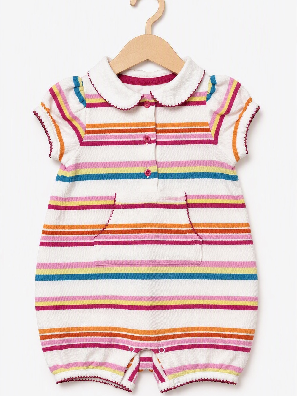 Rainbow Stripe Peter Pan Collar Picot Lace Kangaroo Pocket Bubble Romper 3-6M